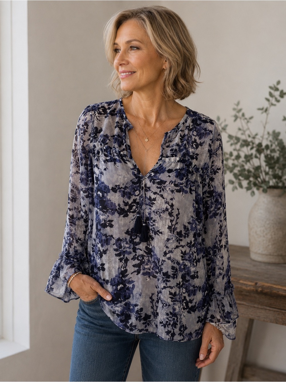 Misa LA sz M silk blouse, blue white black floral minor hole shown, unnoticeable